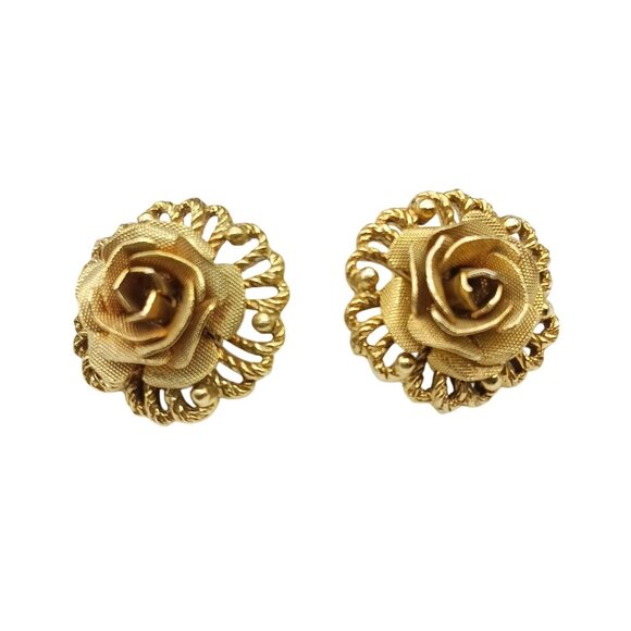 Vintage Golden Rose Clip-On Earrings - Picture 2 of 4
